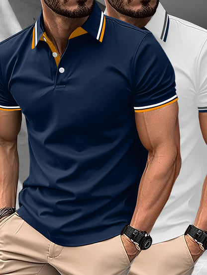 2pcs Men's Short-Sleeve Shirts with Contrast Collars - Lightweight Polyester, Pastel Blue & Pink, Turn- Collar, Button Closure, Regular Fit, Casual & Business-Casual Wear, Ideal for Summer or Gifting, Short Sleeve Tops