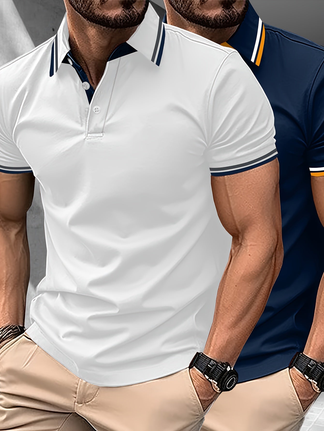 2pcs Men's Short-Sleeve Shirts with Contrast Collars - Lightweight Polyester, Pastel Blue & Pink, Turn- Collar, Button Closure, Regular Fit, Casual & Business-Casual Wear, Ideal for Summer or Gifting, Short Sleeve Tops