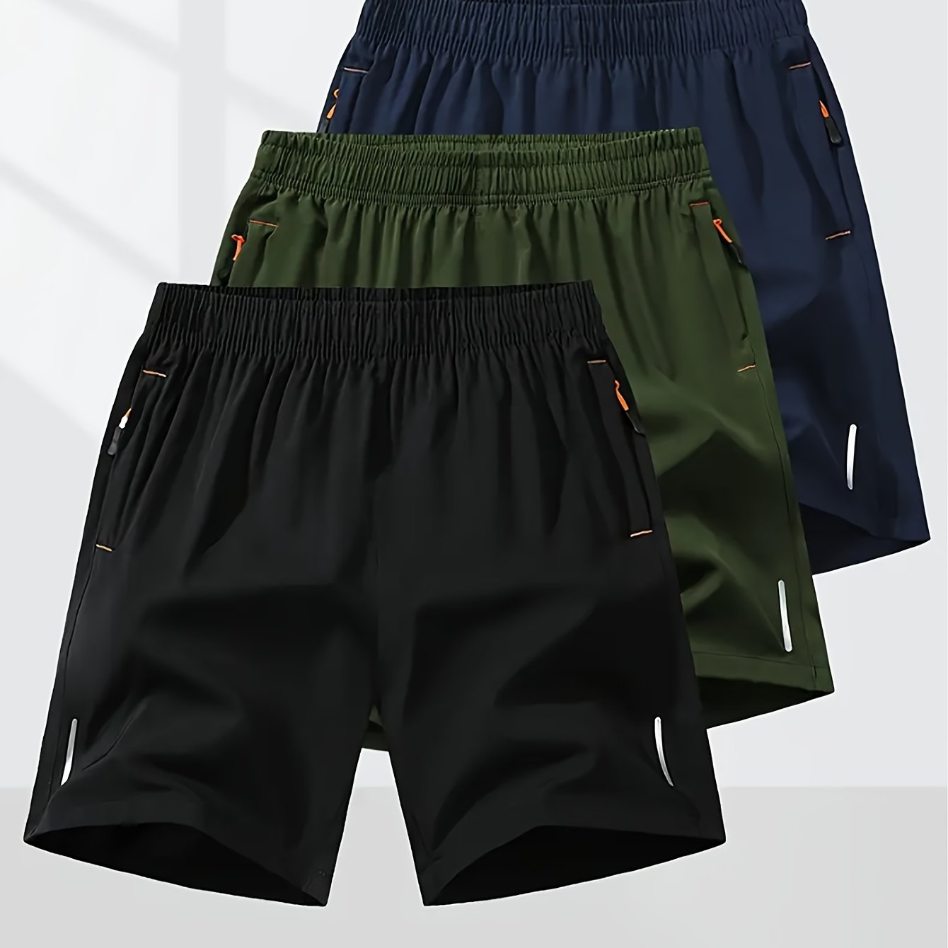 3-Pack Men'S Fashion Sports Casual Shorts, 97% Polyester 3% Elastane, Solid Color, Zipper Detail, Woven Fabric, Slight Stretch, Loose Fit, 117g/m² Weight