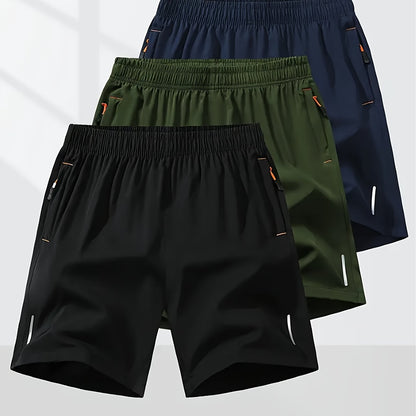 3-Pack Men'S Fashion Sports Casual Shorts, 97% Polyester 3% Elastane, Solid Color, Zipper Detail, Woven Fabric, Slight Stretch, Loose Fit, 117g/m² Weight
