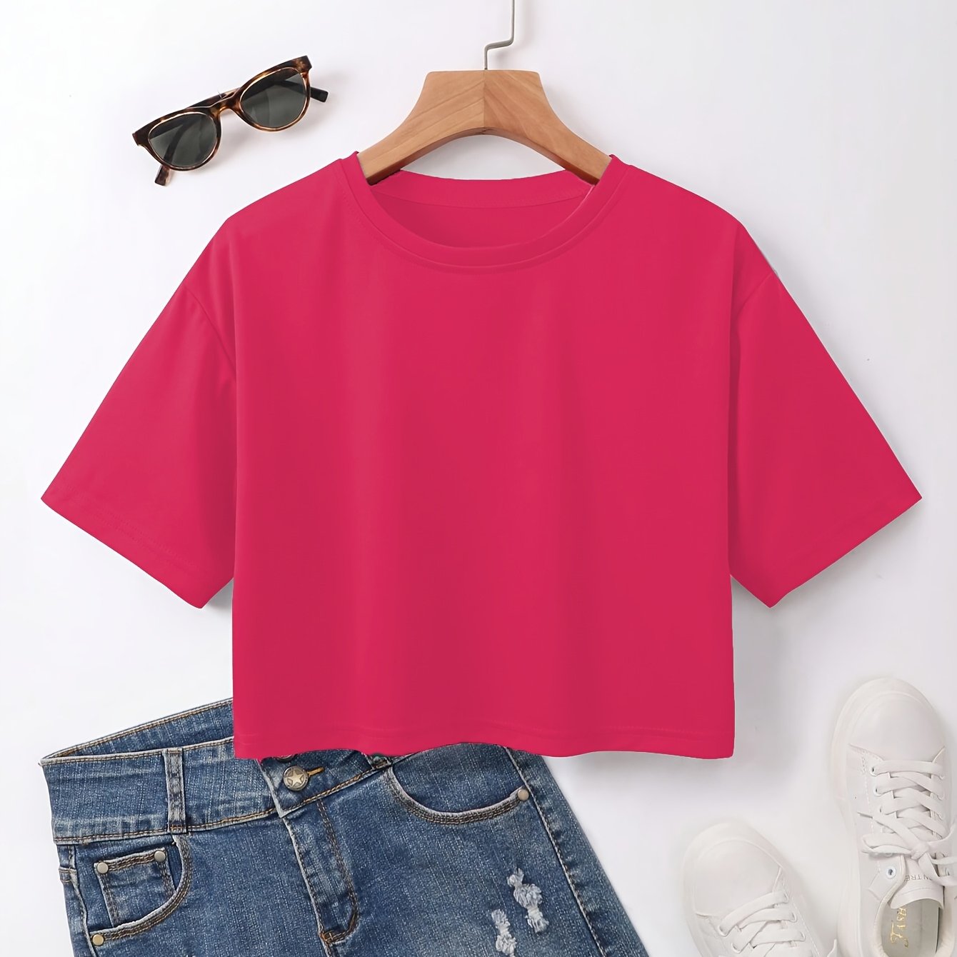 Women's Red Crop Top T-Shirt - Casual Short Sleeve, Loose Fit, Solid Color, Polyester, Machine Washable, Round Neck - Perfect for Summer