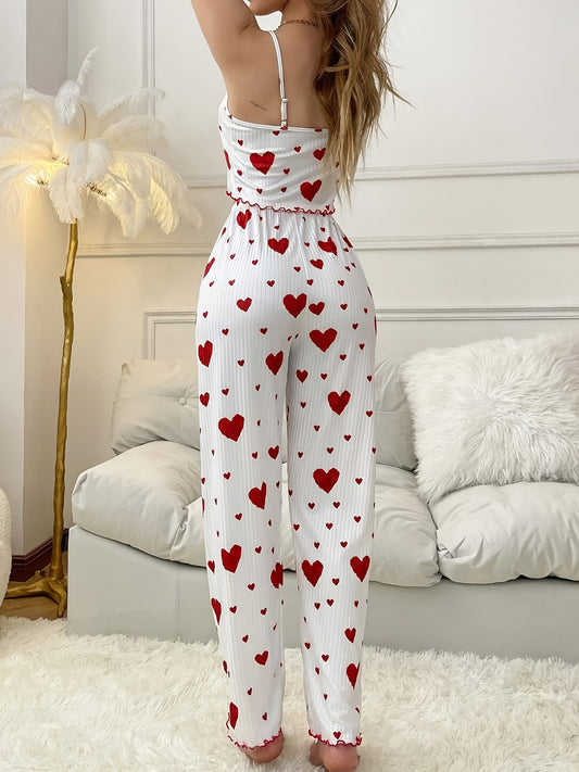 2024 Autumn Women'S Sexy Heart Print Spaghetti Strap Pajama Set - Sleeveless Striped Lounge Wear with Ribbed Detail, Perfect for Fall and Spring, Casual Attire|Heart Print Top|Strapless Desig