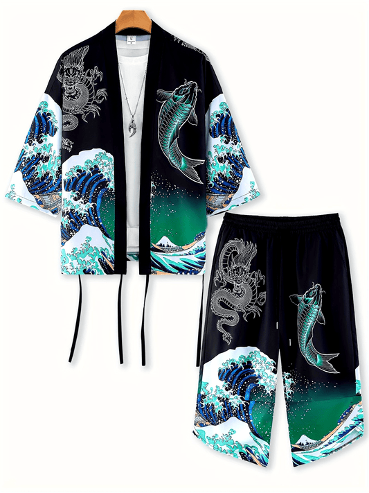 Men's Kimono Set with Carp Leaping Over the Dragon Gate Pattern