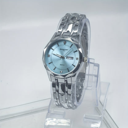 1pc BANBONY Women's Stainless Steel Quartz Watch with Rhinestone Accents, Scratch-Resistant Luminous Dial, IPX7 Waterproof, Week Calendar Display, Blue Dial & Golden-Tone Case - Luxury Casual Sports Watch for Birthdays, Holid