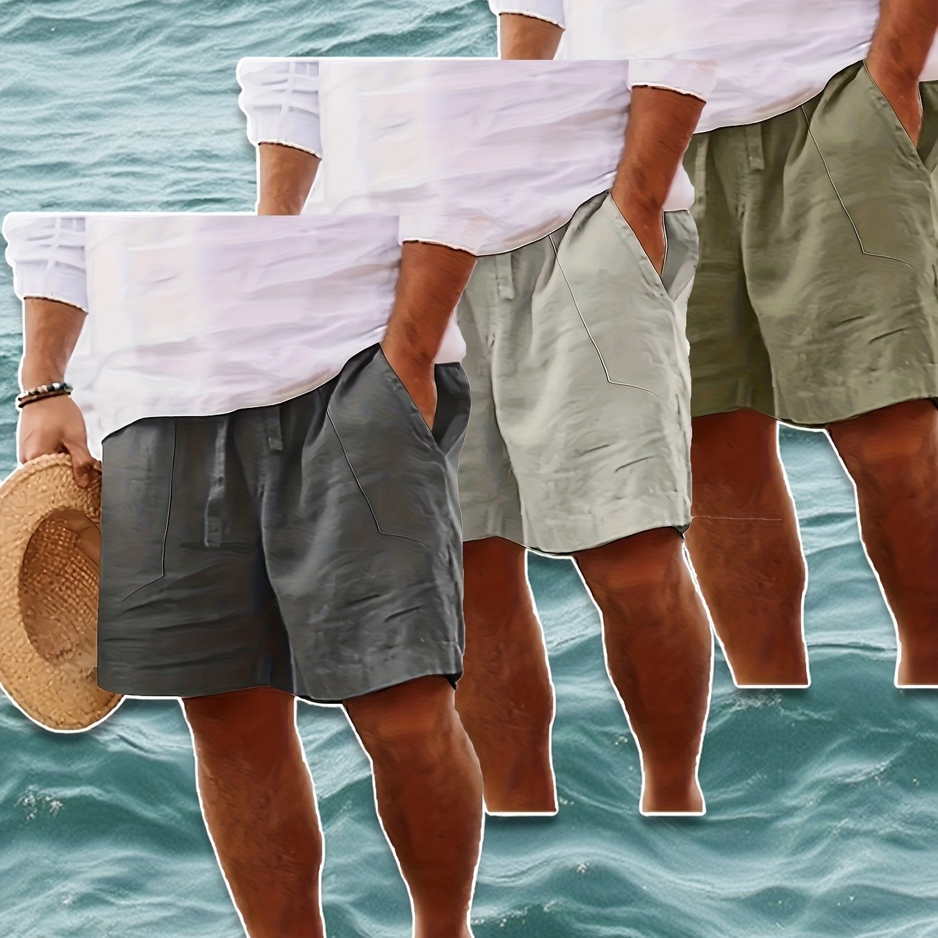 Men's Summer Cotton Drawstring Elastic Waist Straight-Leg Solid Color Breathable Casual Beach Shorts - 3pcs