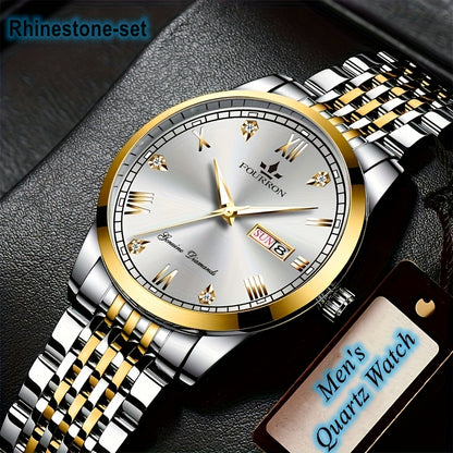 1pc Elegant Rhinestone-Set Stainless Steel Bracelet Watch for Men - Quartz, Date & Calendar Display, Glow-in-the-Dark Hands, Waterproof, Business Casual Style, Ideal Gift for Birthdays & Holidays, Casual Accessory | Elegant W