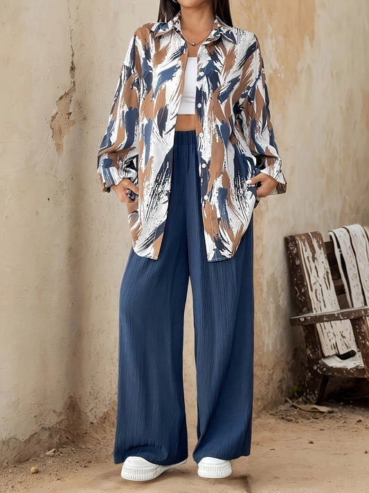 Women'S Elegant Floral Print Blouse and Wide-Leg Pants Set - Lightweight Polyester, Button-Up Shirt with Pockets, Perfect for Spring/Summer, Casual Attire|Floral Print Top|Polyester Fabric