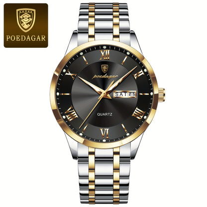 POEDAGAR Men'S Quartz Watch, Sports Style, Waterproof 3ATM, Luminous Calendar, Stainless Steel Strap, Pointer Display, Alloy Case, Electronic Drive, Non-Rechargeable Button Battery, with Spring Festival and Football Holiday T