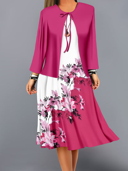 Fashion Women's solid color small cardigan and floral print patchwork dress two-piece set