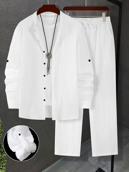 Men'S Two-Piece Set Featuring Textured Fabric, Versatile Long-Sleeve Shirt with Ear Loops, And Loose Drawstring Casual Pants.
