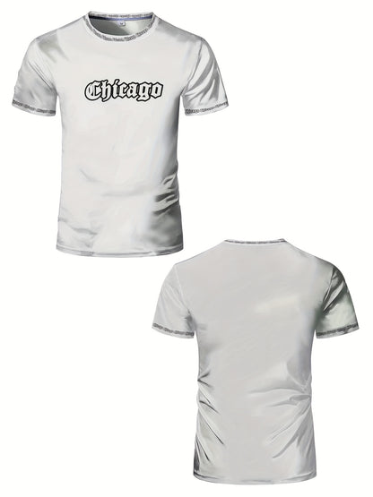 Men'S Chicago Print T-Shirt, Polyester-Spandex Blend, Crew Neck, Short Sleeve, Geometric Pattern, High Stretch, Tear Resistant, Sports & Casual Style, Summer Fit Top for Training, Yoga, Hiking & Festive Occasions