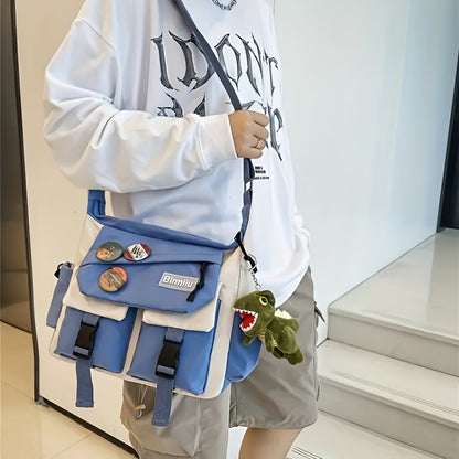 Trendy Nylon Messenger Bag - Casual Japanese-Inspired Shoulder Bag with Adjustable Strap, Large Capacity, Multi-Pocket Design for School & Sports, Blue & White