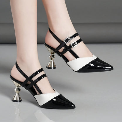 Women'S Black & White Block Heel Pumps - Pointed Toe, Synthetic Cover, Rubber Sole, High Heel Dress Shoes for Summer, Elegant Office & Formal Wear, High Heel Shoe