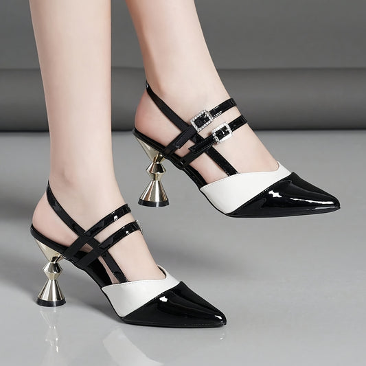 Women'S Black & White Block Heel Pumps - Pointed Toe, Synthetic Cover, Rubber Sole, High Heel Dress Shoes for Summer, Elegant Office & Formal Wear, High Heel Shoe