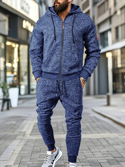 Men's Casual Sports Hoodie and Pants Set with Zipper, Drawstring, Fleece-Lined - Polyester Blend, Machine Washable
