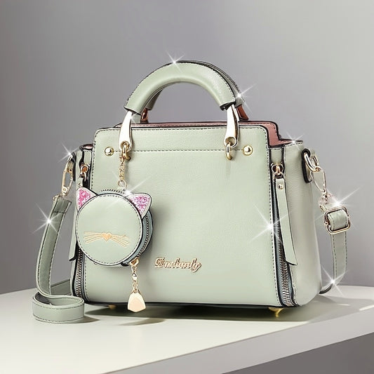 Visually Appealing Light Green Handbag with Adjustable Strap & Cat Charm – Versatile Shoulder Bag for Travel, Shopping, and Gifting, Travel Handbag | Minimalist Design | Polyester Lining, Crossbody Purse