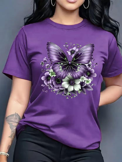 Women'S Floral Butterfly Print T-Shirt, Short Sleeve Crew Neck Casual Top for Spring & Summer, Vibrant Green with White & Blue Flowers, Perfect Birthday or Holiday Gift, Everyday Fashion | Vibrant Casual Top | Glossy Texture