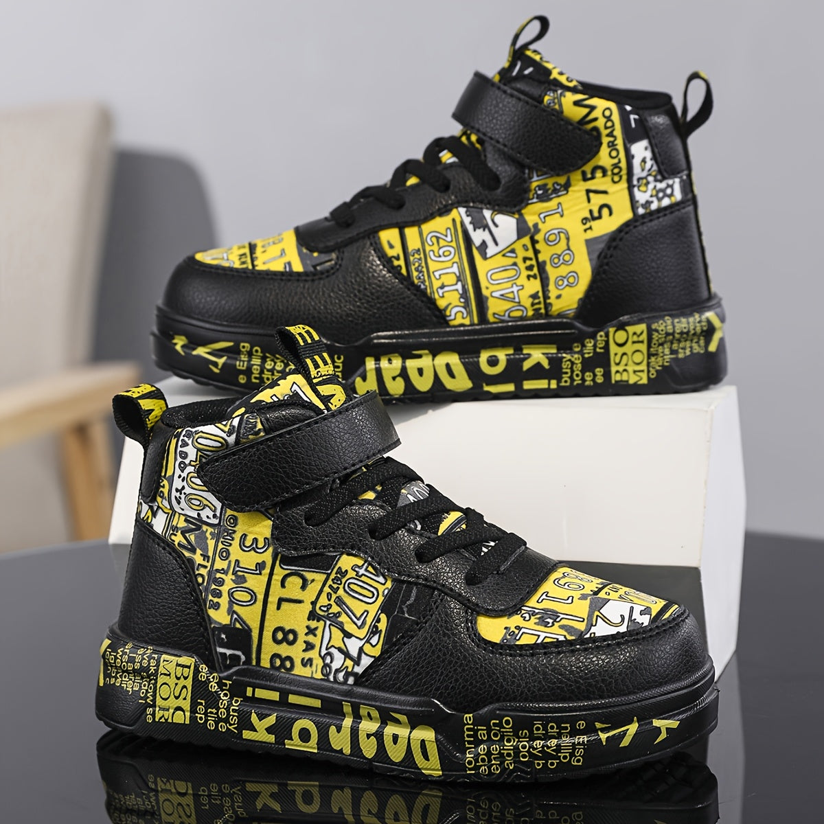Kids' Trendy High-Top Sneakers with Adjustable Strap, Non-Slip EVA Sole, and Colorful Letter Print - Ideal for Casual and Outdoor Activities, Versatile High-Top Sneakers | Trendy Kids' Shoes | Durable Sneakers