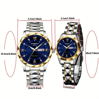 2pcs Couple Watch BANBONY Brand Trendy Fashion Men's and Women's Quartz Watch Stainless Steel Strap with Rhinestone Luminous High-definition Disc Waterproof Night Light Display Week Calendar Display Wristwatch Holiday Gift fo