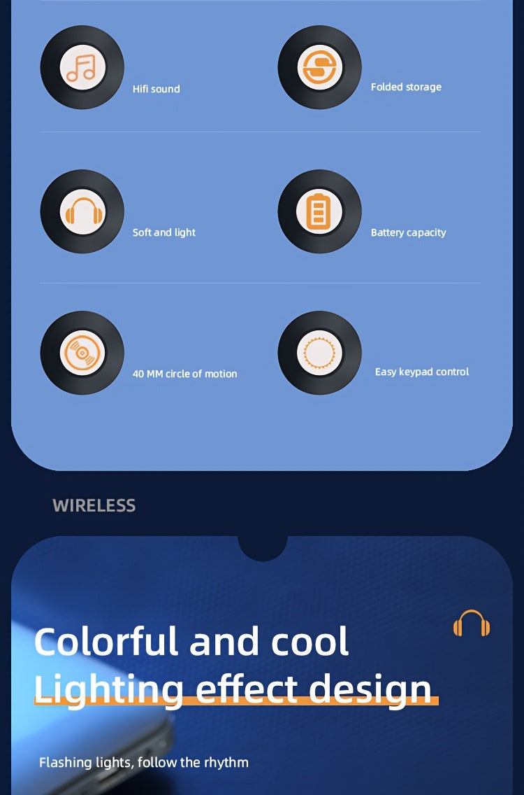 Wireless Earphones, Multi-Color LED Lights, Comfortable Foldable Earphones, SD Card Slot, School/Tablet/Pc/Phone/Birthday/Christmas/Travel Gifts. Popular Wireless Earphones, Head Mounted Wireless Earphones, And Foldable Earbu