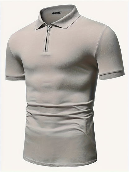 Casual Stretch Men's Solid Color Zipper Lapel Golf Shirt, Male Summer Streetwear