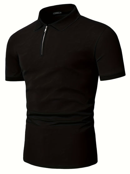 Casual Stretch Men's Solid Color Zipper Lapel Golf Shirt, Male Summer Streetwear