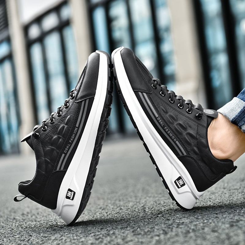 Men's Breathable Casual Sneakers - Comfortable, Versatile & Stylish Shoes for Running, Sports & Casual Attire, Black with White Accents, PU Upper & PVC Sole, Round Toe, Lace-Up Design, All-Season Use