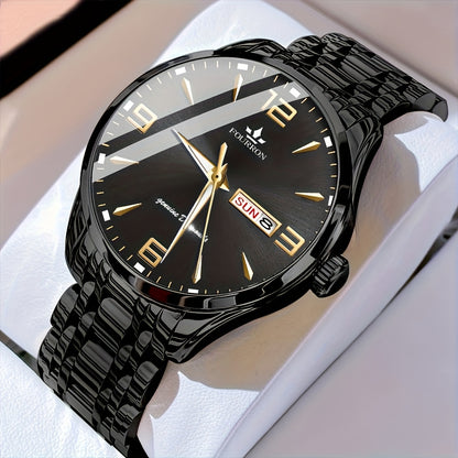 1pc New FOURRON Men's Stainless Steel Strap Quartz Watch - Large HD Scratch Resistant and Wear-Resistant Dial, IPX7 Waterproof, Luminous, Date & Calendar Function, Silent Movement, Stylish Gift for Him