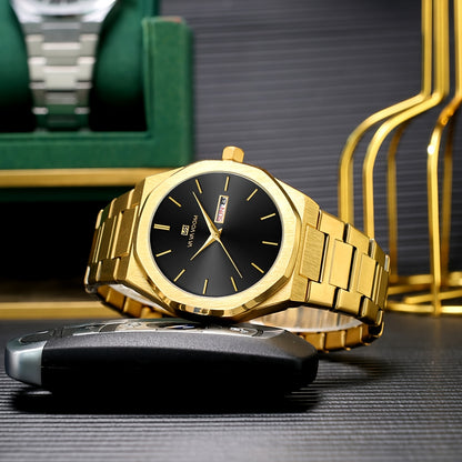 1pc Men'S Luxury Business Style Watch - Blue & Golden Stainless Steel, 42mm, Dual Calendar Quartz Movement, VA VOOM Brand, Outdoor Sports & Leisure Gift, Outdoor Sports Watch | Elegant Watch Design | Quartz Watch Movement, Lu