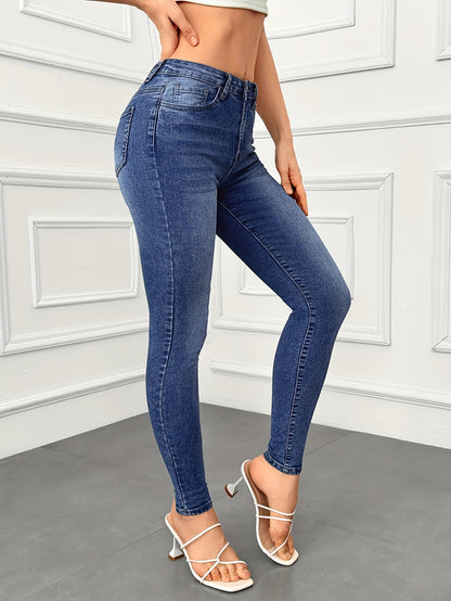 Women's Casual Plain Light Blue Skinny Jeans, Stretchy Denim Pants, Classic Design, High Waist Slim Fit For Everyday Fashion - Perfect For Fall & Winter