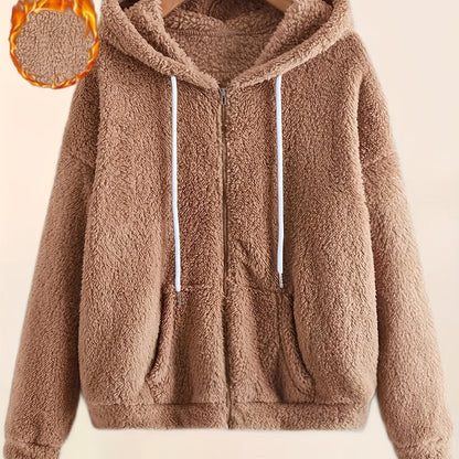 Cozy Fleece-Lined Hooded Jacket for Women - Casual Solid Color with Drawstring, Zip-Up Front, Long Sleeves - Perfect for Fall & Winter