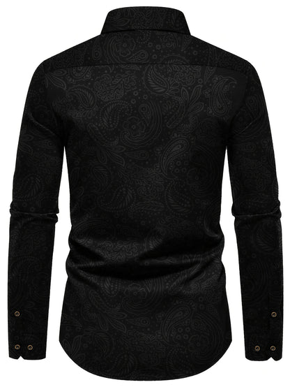 Men's Slim-Fit Black Paisley Print Long Sleeve Shirt - Stylish Button-Up with Unique Irregular Dark Pattern, Polyester, Machine Washable, All-Season Wear