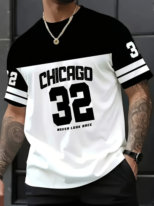 Men's Chicago 32 Graphic T-Shirt - Sporty Casual Short Sleeve Tee with Full-Body Print, Round Neck, Black & White Color Block Design, Machine Washable Summer Top for Outdoor & Casual Attire, Chicago T Shirt, Digital Print Shi