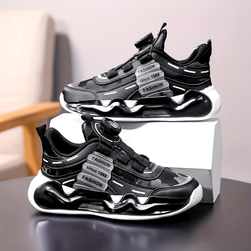 Boys' Striped Sneakers with Rotating Buckle - Casual Running Shoes for Youngsters, Breathable PU & Fabric Lining, Non-Slip EVA Sole
