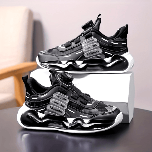 Boys' Striped Sneakers with Rotating Buckle - Casual Running Shoes for Youngsters, Breathable PU & Fabric Lining, Non-Slip EVA Sole