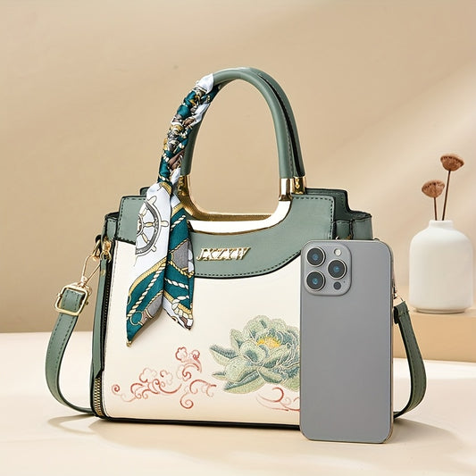 Stylish Women's Large Capacity Handbag with Floral Embroidery, Color-Block Design & Golden-Tone Hardware - Navy/Green/Wine Red, Polyester Lining, Secure Zipper Closure, Durable Commuter Tote for Work, Travel, Gift