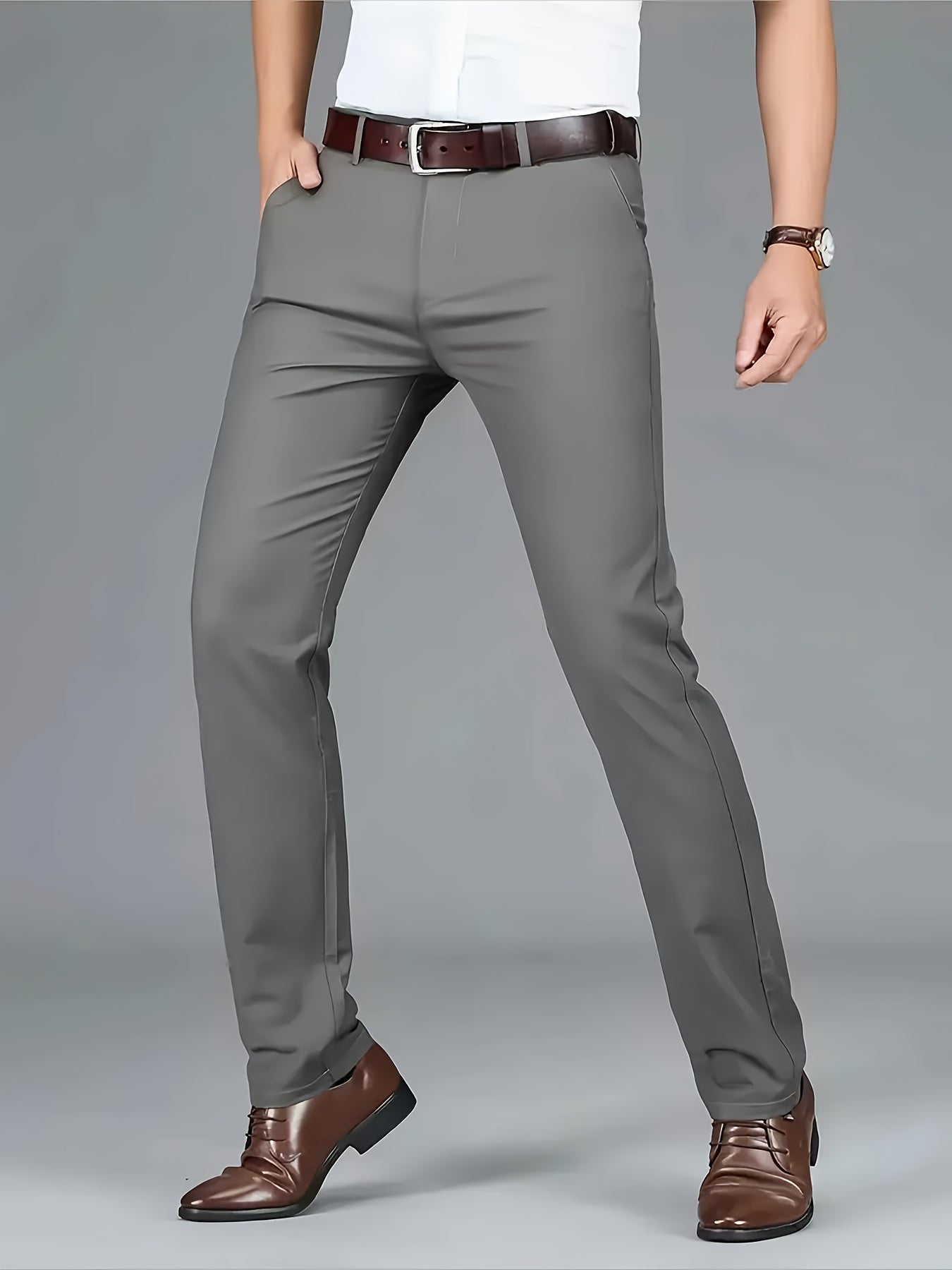 [Durable Build] Men's All-Season Casual Dress Pants - Business Style Stretch Trousers, Comfortable Classic Design, Light Brown Polyester Blend, Machine Washable, Smooth Finish, Regular Fit for Office or Leisure Wear