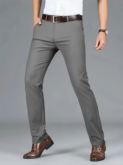 [Durable Build] Men's All-Season Casual Dress Pants - Business Style Stretch Trousers, Comfortable Classic Design, Light Brown Polyester Blend, Machine Washable, Smooth Finish, Regular Fit for Office or Leisure Wear