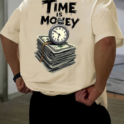 Men'S Casual Short Sleeve T-Shirt with "Time is Money" Clock & Stack of Cash Graphic - Lightweight Polyester, Loose Fit, Round Neck, Perfect for Spring & Summer Outdoor Wear, Relaxed Fit Shirt | Bold Graphic Tee | Glossy Text