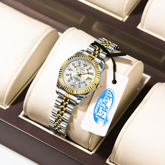 KASRLUO Elegant Women's Quartz Watch - Luminous Date, Stainless Steel Band, Precise Movement with Moon Phase Calendar, Timepiece