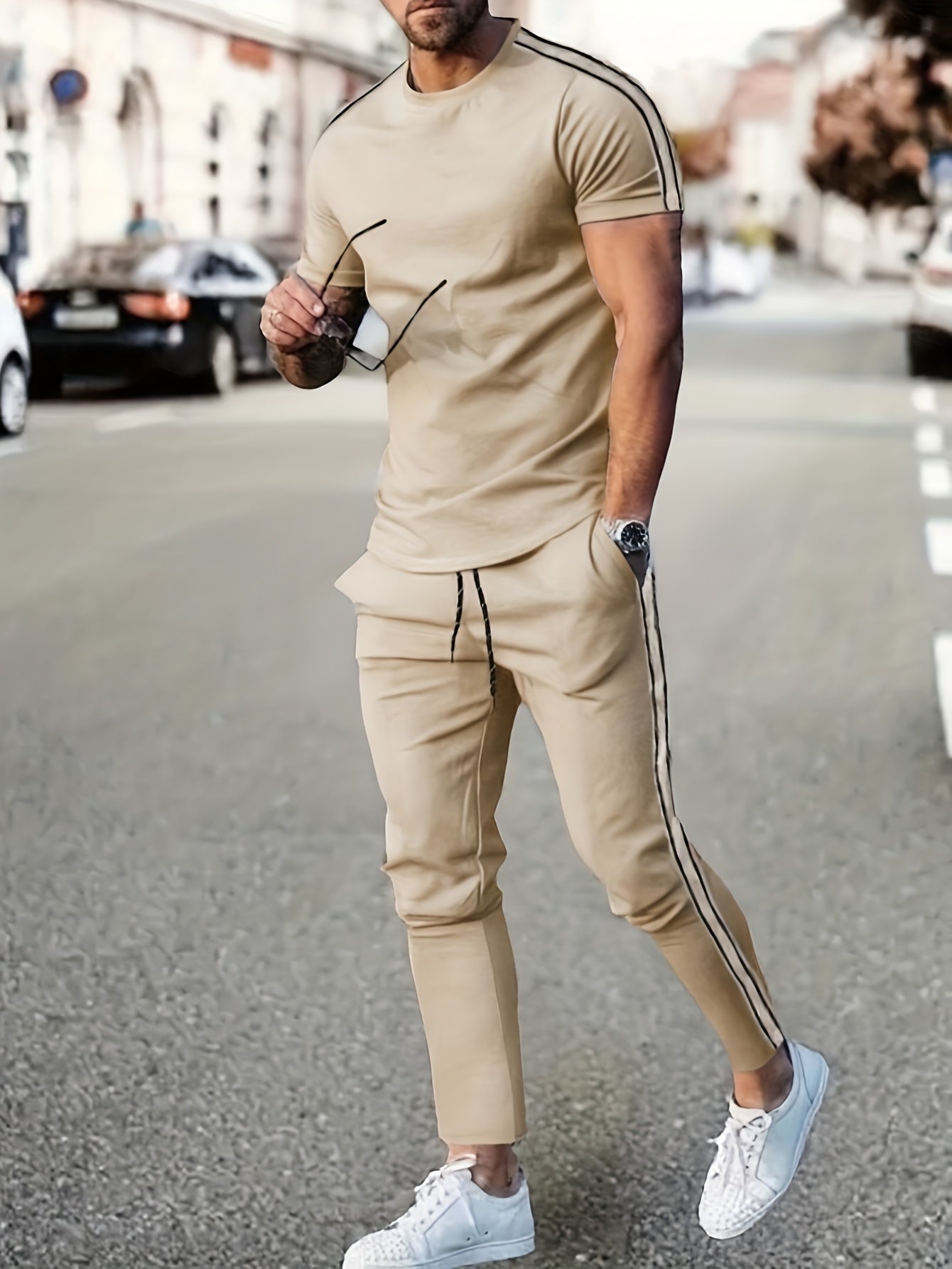 Cross-Border New Summer 2pcs Short-Sleeved T-Shirt And Long Pants Casual Men'S Casual Outdoor Sports Suit, Side Stripe Casual And Fashionable Men'S 2pcs Set