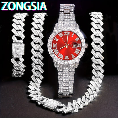 ZONGSIA Hip Hop Watch & Jewelry Set - Luxury Rhinestone-Encrusted Quartz Watch with Matching Bracelet and Necklace, Classic Male Fashion, PC Case, Alloy Strap, Electronic Drive, Non-rechargeable Button Battery, ZONGSI