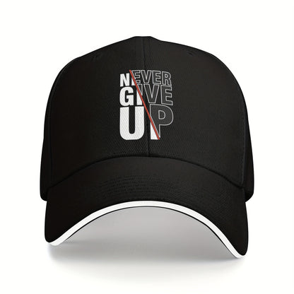 1 Pack Never Give Up Print Baseball Cap - Adjustable Snapback Dad Hat with Breathable Mesh Back, Funky Unisex Trucker Hat for Outdoor Fishing Driving, Black with White & Red Lettering, One Size Fits Most (53.34-63.5 cm)