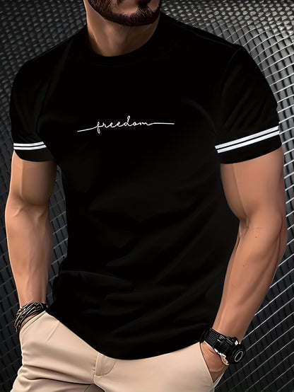Men'S "Freedom" Graphic T-Shirt - Black Casual Crew Neck Tee with White Stripes, Breathable Polyester Blend, Regular Fit for Casual Attire, Everyday Tshirt | Bold Print Tee | Comfortable Fit, Knit