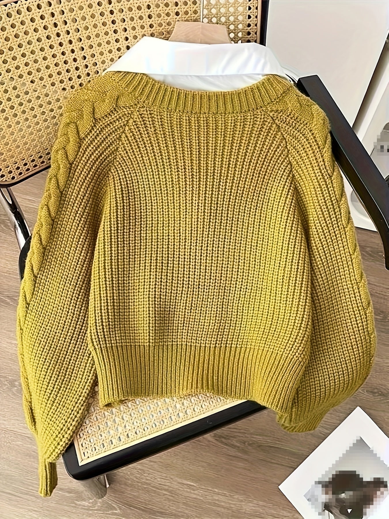 2 In 1 Contrast Color Collared Sweater, Chic Cable Knit Long Sleeve Polo Sweater For Fall & Winter, Women's Clothing