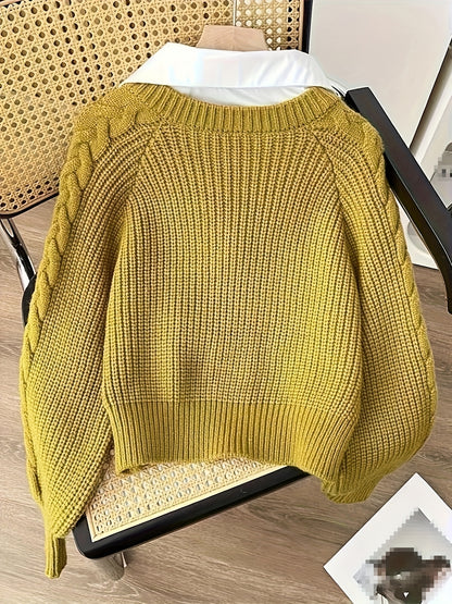 2 In 1 Contrast Color Collared Sweater, Chic Cable Knit Long Sleeve Polo Sweater For Fall & Winter, Women's Clothing
