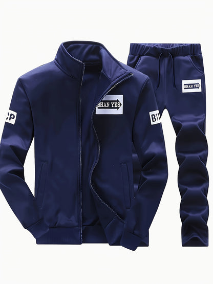Men'S Navy Blue "Shan Yes" Print Casual Sports Suit - Zip-Up Hoodie & Joggers with Pockets, Regular Fit for Spring & Fall, Comfortable Leisure Wear, Leisure Wear Hoodie | Sporty Hoodie | Zipper Closure, Essential Hoodie