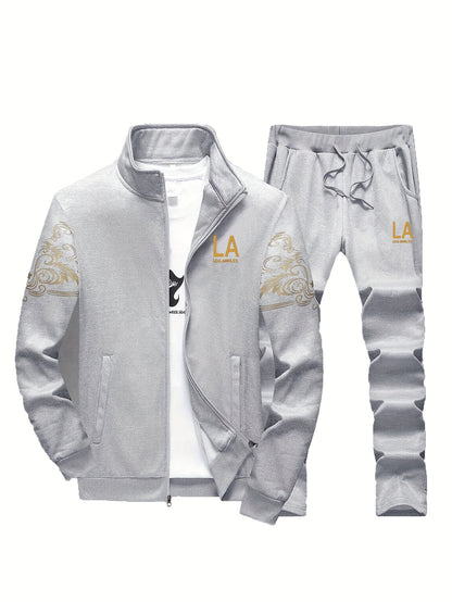 Men's Casual 2-Piece Outfit, Stylish Printed Full Zip Jacket & Drawstring Pants, Casual Sportswear Suit