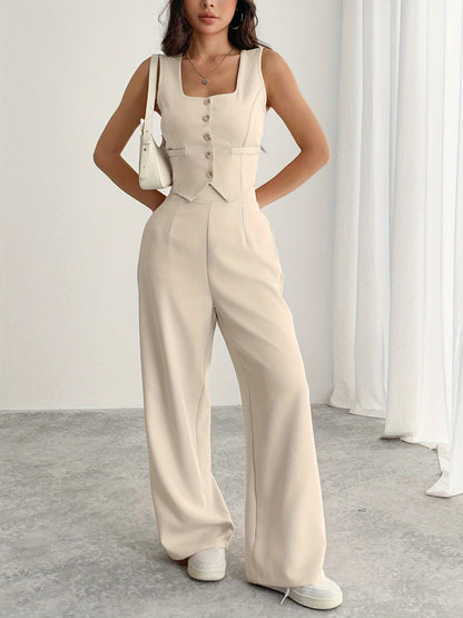 A Set Consisting of Two Women'S Apricot-Colored Sleeveless Cardigans with Square Necklines And Loose-Fitting Wide-Leg Pants.