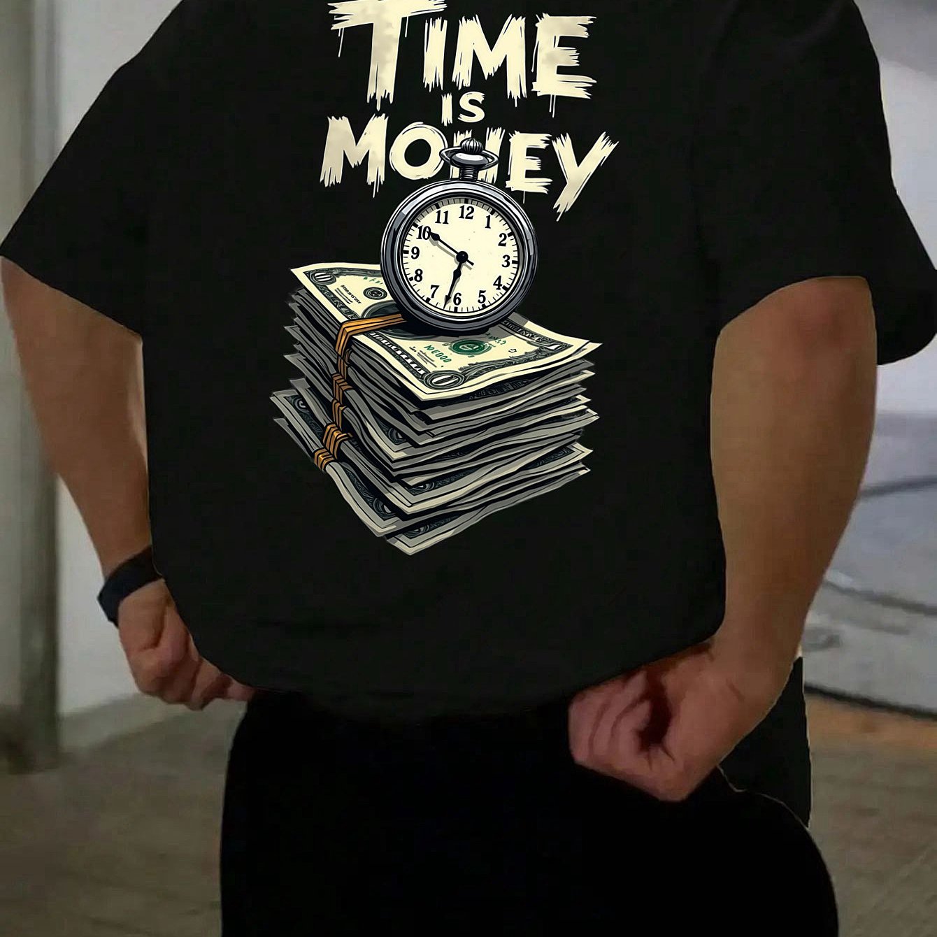 Men'S Casual Short Sleeve T-Shirt with "Time is Money" Clock & Stack of Cash Graphic - Lightweight Polyester, Loose Fit, Round Neck, Perfect for Spring & Summer Outdoor Wear, Relaxed Fit Shirt | Bold Graphic Tee | Glossy Text